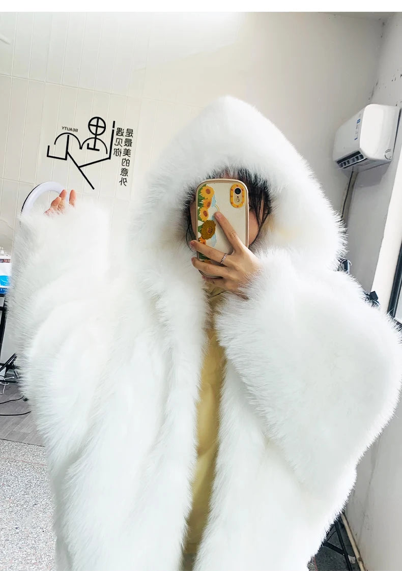Nerazzurri Autumn Winter Oversized White Black Warm Shaggy Hairy Faux Fur Coat Women with Hood Loose Casual Fluffy Jacket 2023