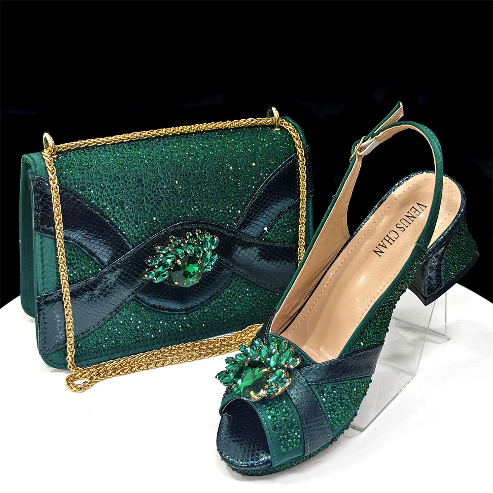 2025 Elegant Women's Peep-Toe Heels and Matching Wine Color Diamond Pumps Set - Stylish Italian Shoes and Bags for Parties
