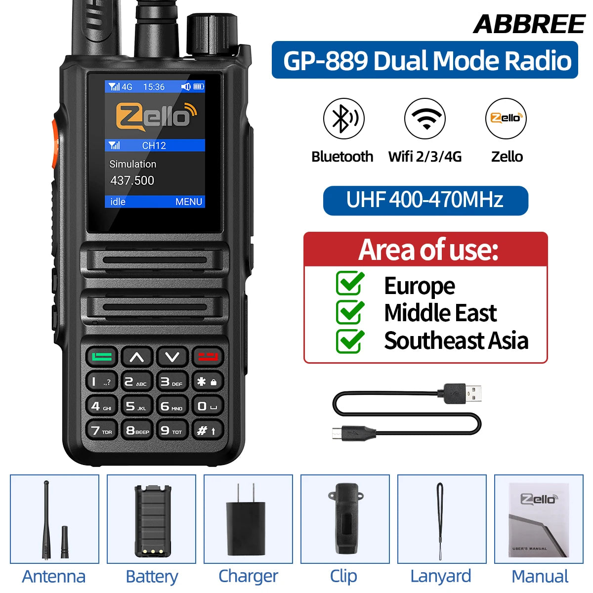 ABBREE GP-889 Walkie Talkie Dual Mode POC Network Radio ZELLO Global UHF Bluetooth WIFI Android 2/3/4G Type-C Ham Radio Hunting