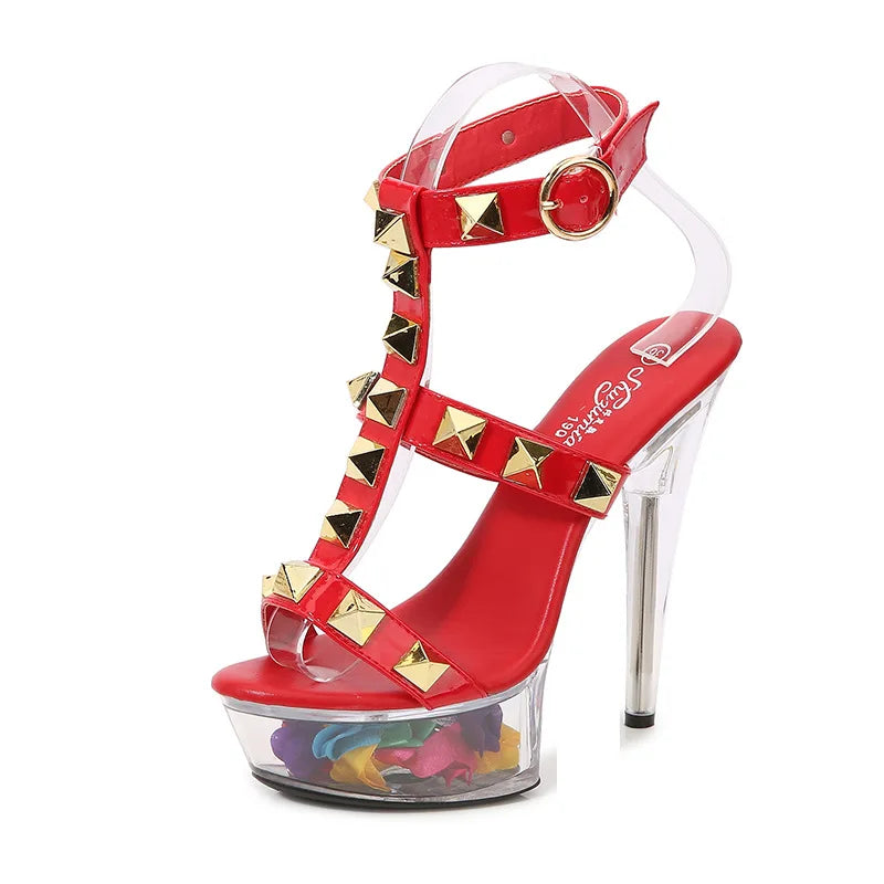 Women's Platform Sandals Rivet Pull Sandals Transparent High Heel 13CM Slim Heel Summer Waterproof Table LFD-1099-36
