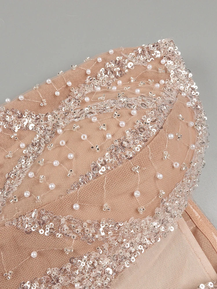 VC Glamorous One-shoulder Sleeveless Beige Crystal Embellished Dress Party Evening Gown