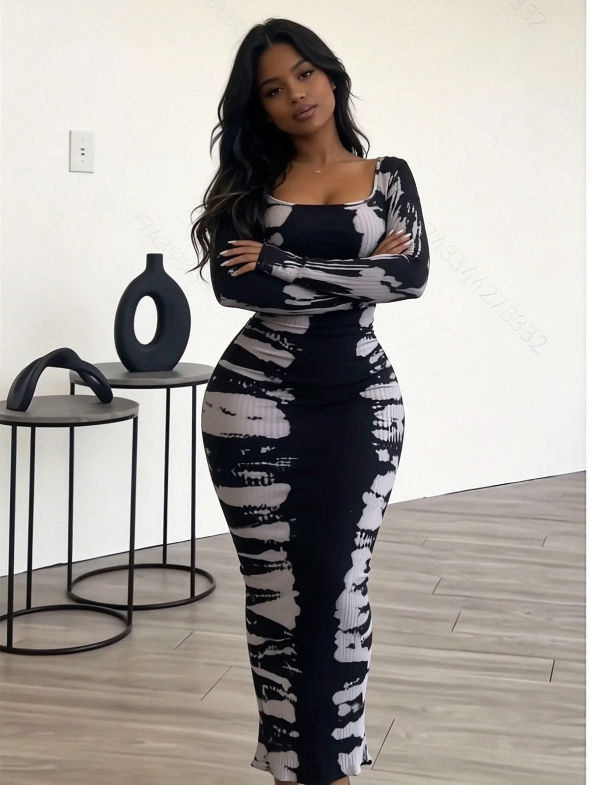 Slim Fit Hip Hugging Long Dress Square Collar Long Sleeves Waist Cinching Figure Show off Square Collar Long Skirt