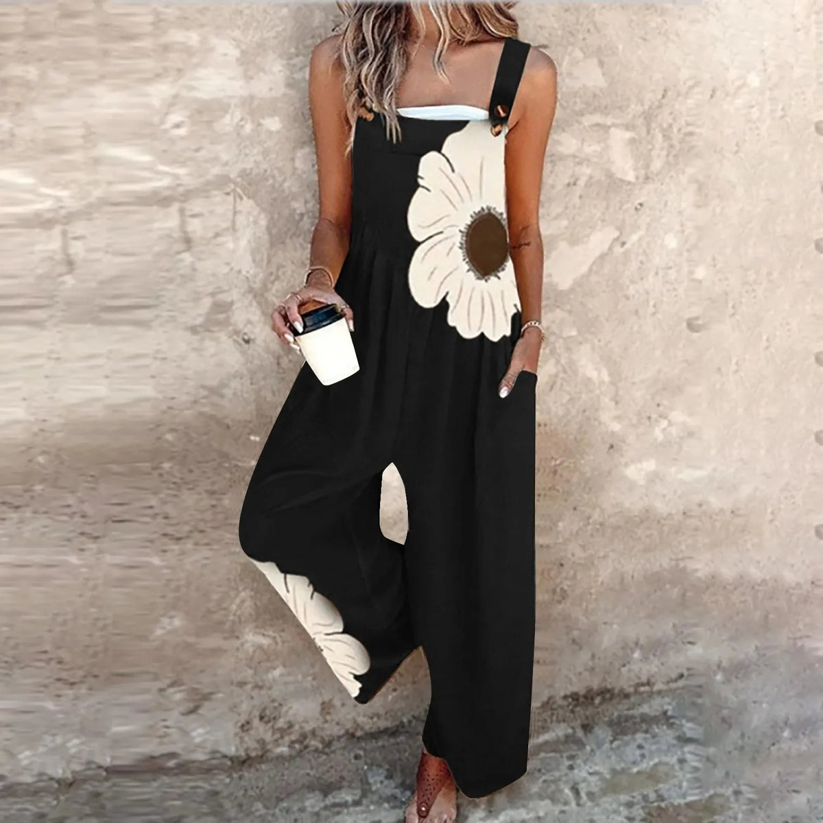 Summer Woman Jumpsuit Floral Print Romper Wide Leg Pants Overalls Black Backless Strap Jumpsuits Women's Casual Loose Fit