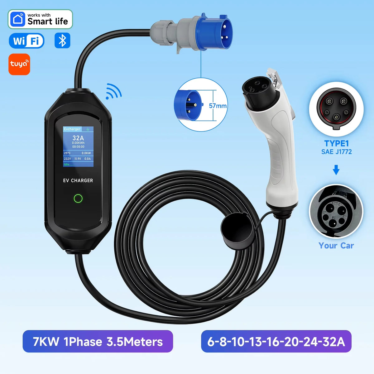 7KW Portable EV Charger Type2/Type1/GBT Electric Car Charger 32A 1Phase Wallbox Fast Charging Cable WiFi APP Bluetooth Control