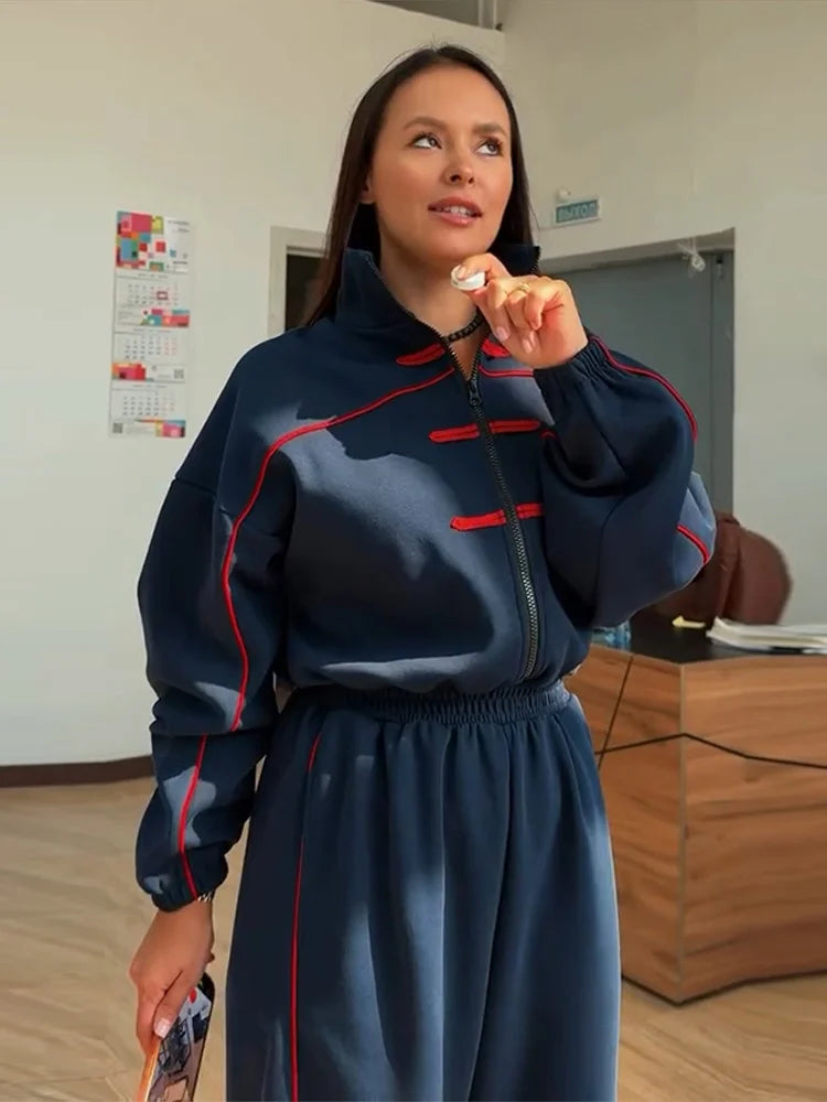 Casual Contrasted Color Women Jumpsuits Full Sleeve Stand Collar Waist-Closed Lady Rompers 2026 Autumn Winter Female Jumpsuit