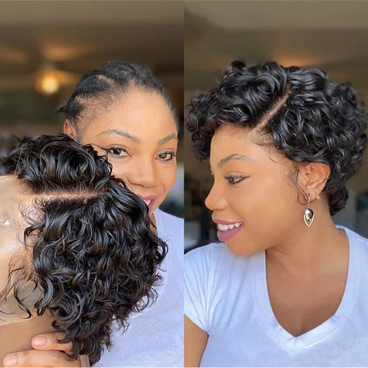 13x4 Lace Frontal Wigs Human Hair Pixie Cut 180% Density Black Color Water Wave Short Pixie Cut Wigs for Women Preplucked