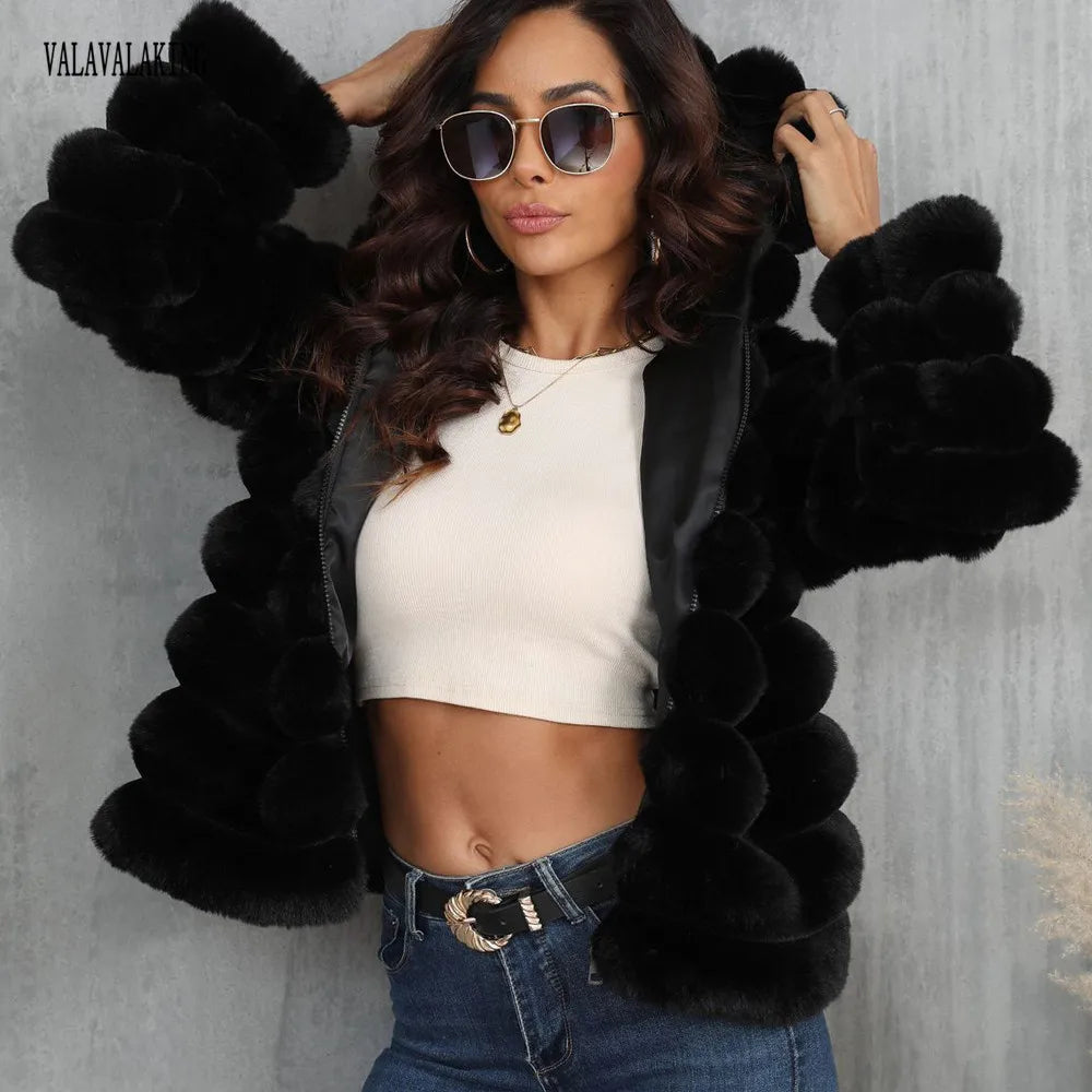 2026 Winter Hooded Plus Size Faux Fur Cropped Coat Women Furry Long Sleeve Plush Jacket Lady Large Fake Fur Warm Fluffy Cardigan