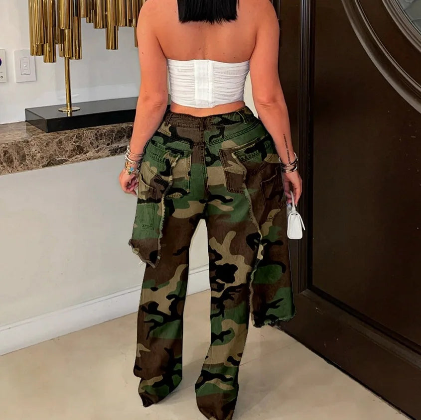 Women High Waist Camouflage Pants Hole Straight Pants Long Jeans Casual Trendy Trousers 2025 Autumn Winter New Denim Trousers