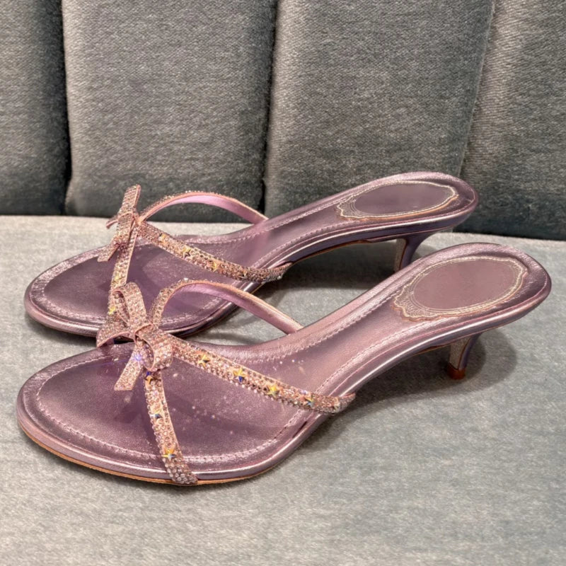 CRYSTAL Bowknot Decorated Kitten Heel Slippers for Women Sexy Round Toe Summer Luxury Sandals Elegant Party Designer Dress Shoes