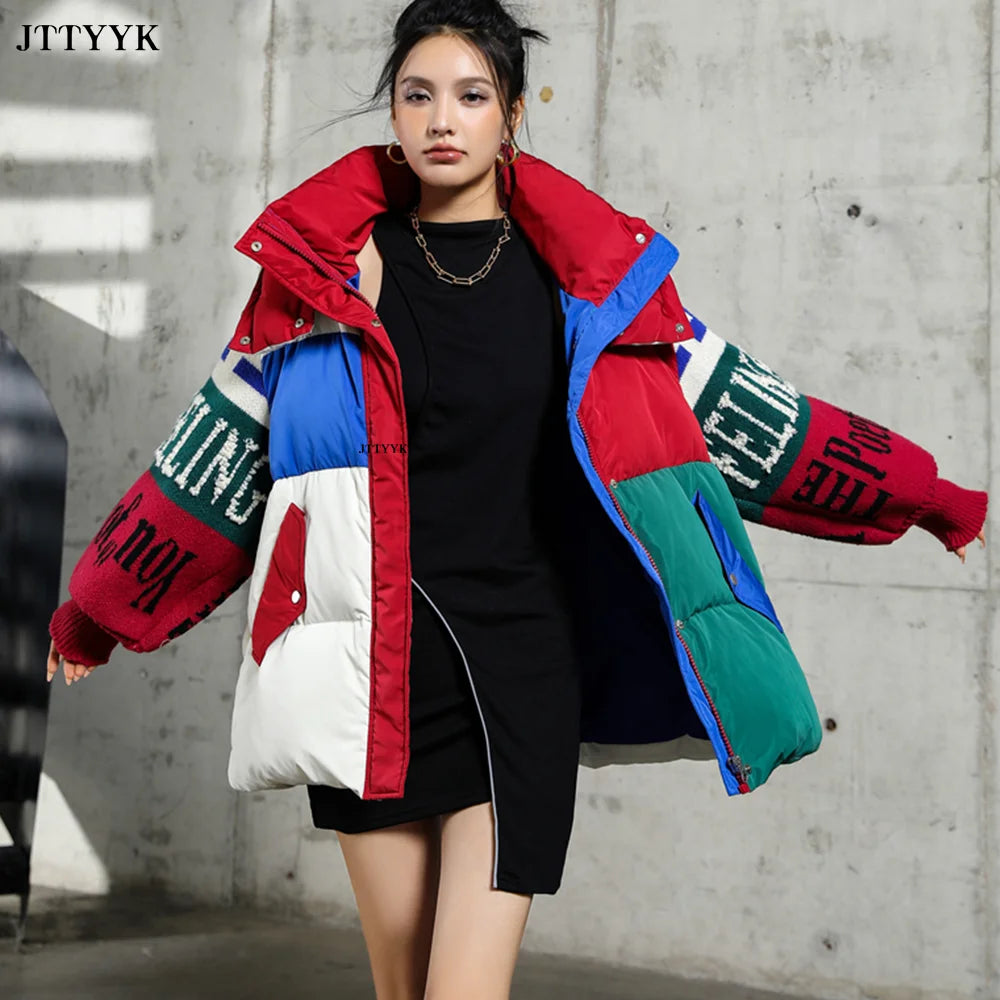 Streetwear Letter Stitching Fashion Down Jacket Women's New Hooded Parka Loose Winter Down Coat Female Thick Casual Warm Clothes