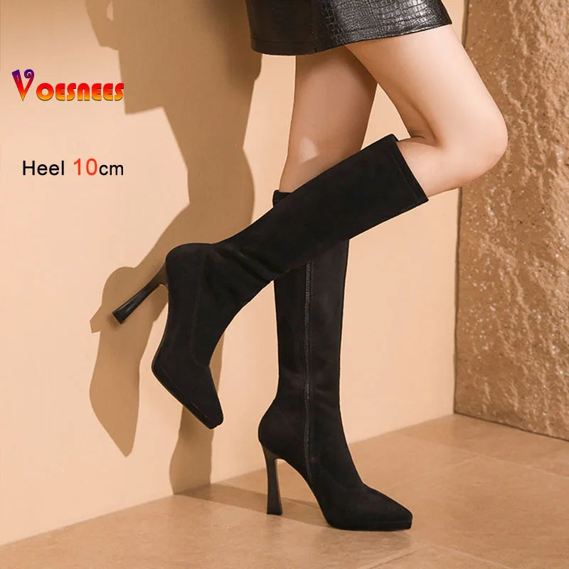 Black Knee High Boots For Women Pointed Toe 10cm High Heel Platform Side Zipper Slim Party Tall Boots Autumn Winter Lady Shoes