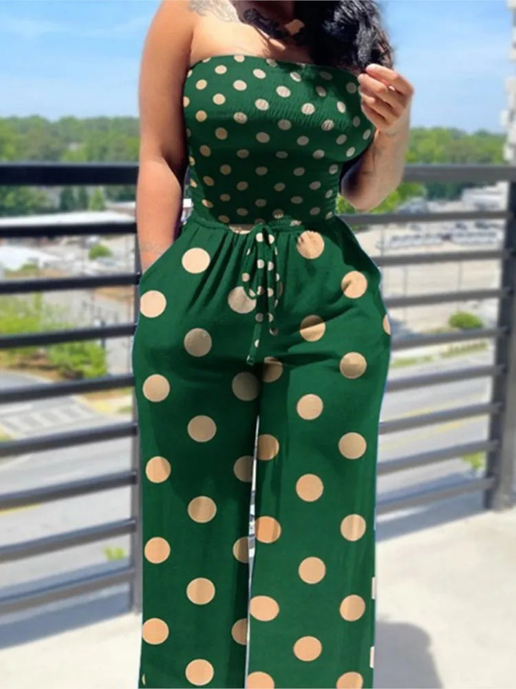 Women's Sexy Strapless One Piece Printed Pants Summer Fashion Lace Up High Waisted Slim Sleeveless Female Beach Holiday Jumpsuit