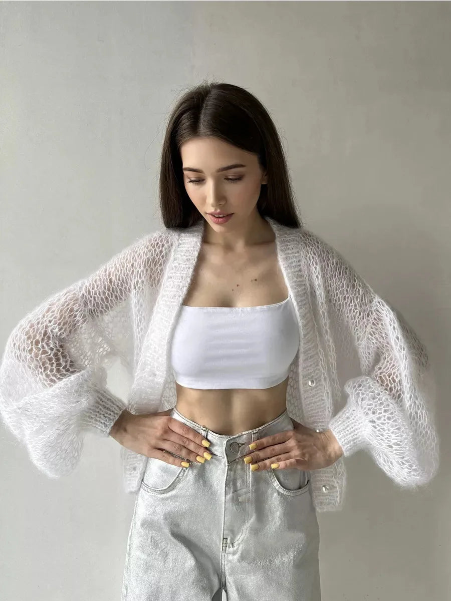 Women Knitting Cardigan 2026 New Women Mohair Knit Cardigan Hollow Out Sheer Long Sleeve Casual Knitted Outerwear Sweater