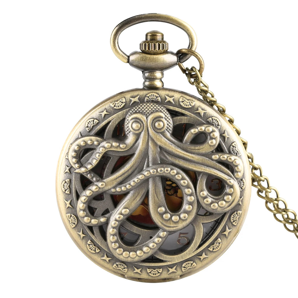 Retro Octopus Pattern Quartz Pocket Watch Arabic Numerals Dial Necklace Pendant Clock Vintage Fashion Timepiece Gift Unisex