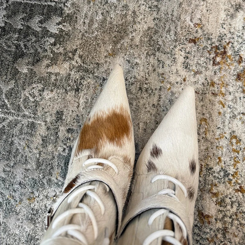 High Qaulity Horsehair Patchwork Thin High Heel Long Boots Women Pointed Toe Lace Up Sexy Fashion Women Boots For 2025 Autumn