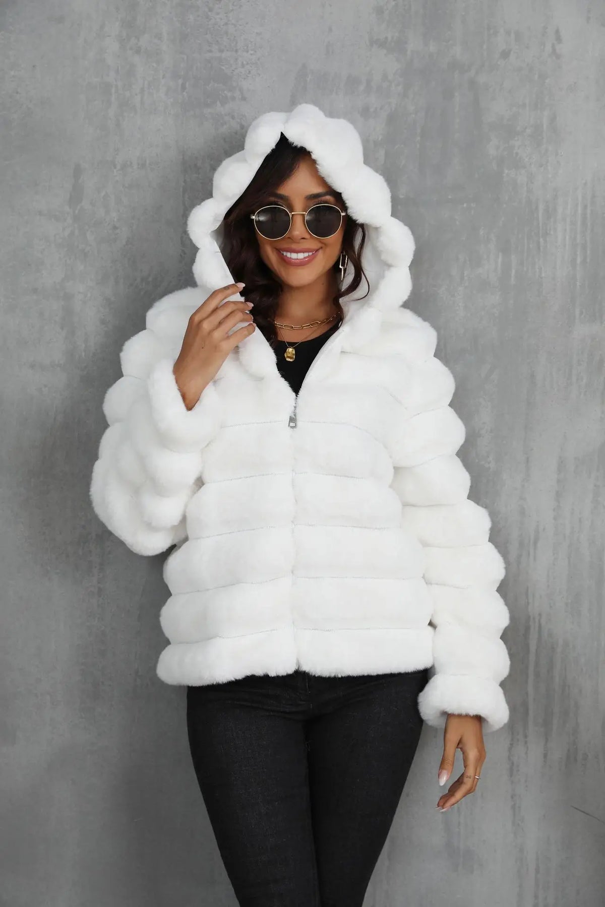2026 Winter Hooded Plus Size Faux Fur Cropped Coat Women Furry Long Sleeve Plush Jacket Lady Large Fake Fur Warm Fluffy Cardigan