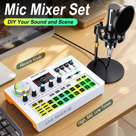 Tenlamp Y300-P15B Professional Podcast Equipment Bundle Kit for 4 People, Studio Sound Card with 3.5mm Condenser Mic for PC Smartphone Laptop Computer , Live Audio Mixer Voice Changer for Streaming Singing Gaming Recording V