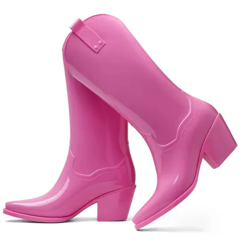 FHC Chunky High Heels Rain Boots,Women's Waterproof Mid Calf Botas,Kitchen Work Shoes,Cowboy Booties,Black,PInk,Red,Dropship