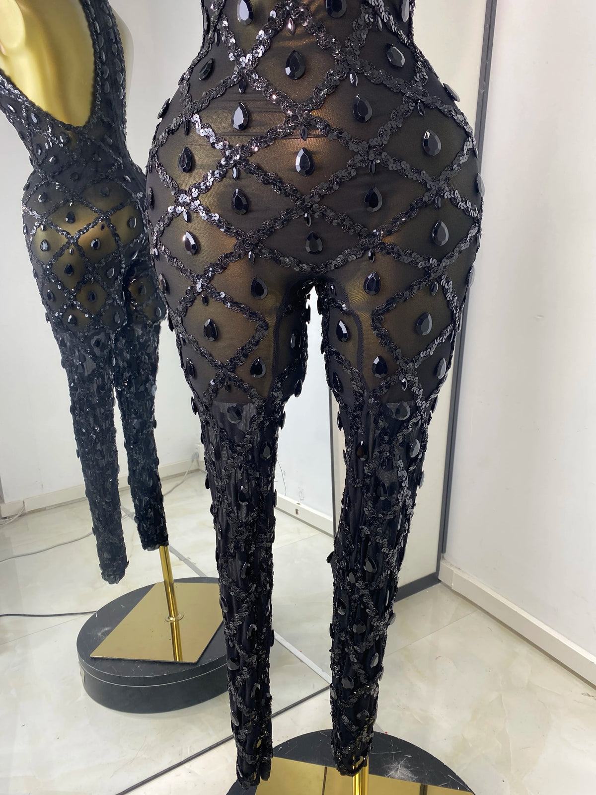 Women Rhinestones Sequines Mesh Bodycon Jumpsuits Sexy Special Occassion Nightclub DJ Dancer Stage Costumes Evening Club Dress