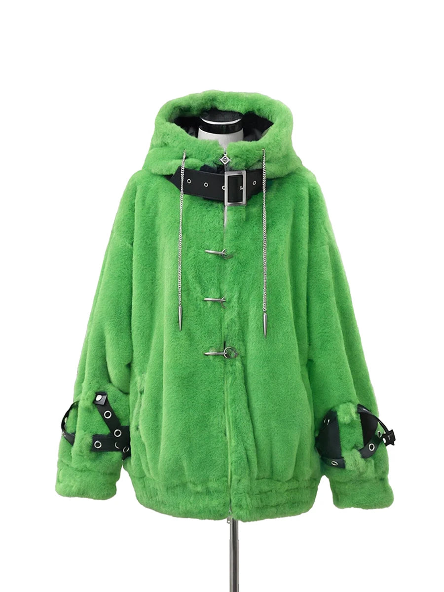 Lautaro Autumn Winter Thick Warm Faux Fur Coat Women with Hood Zipper Luxury Japanese Style Punk Harajuku Fluffy Jacket 2026