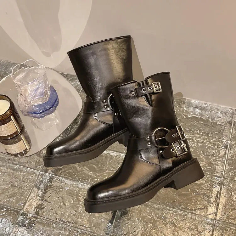 Women's Ankle Boots Autumn Work Fashion Elegant Punk New in Black Luxury Low Heel Round Toe Leather Dropshipping Center Footwear