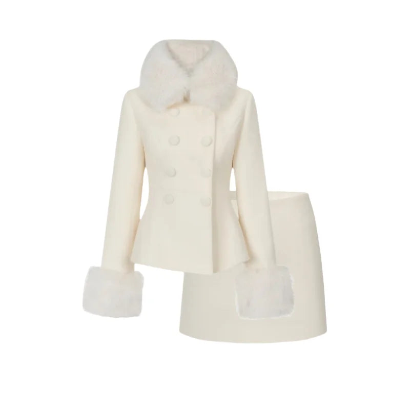 Winter French Elegant Women's Sets Korean Fashion Vintage Design 2 Piece Set Slimming Fur Collar Suits Chic Outfit Woman Clothes