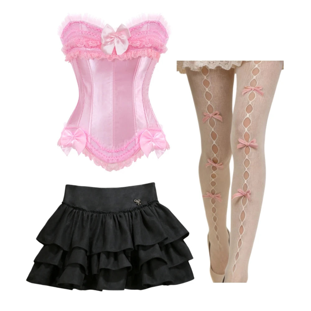HLJ&GG Sexy Lace Splicing Corset Two Piece Sets Women Off Shoulder Sleevleess Top And Ruffle Mini Skirts Outfits Y2K Streetwear