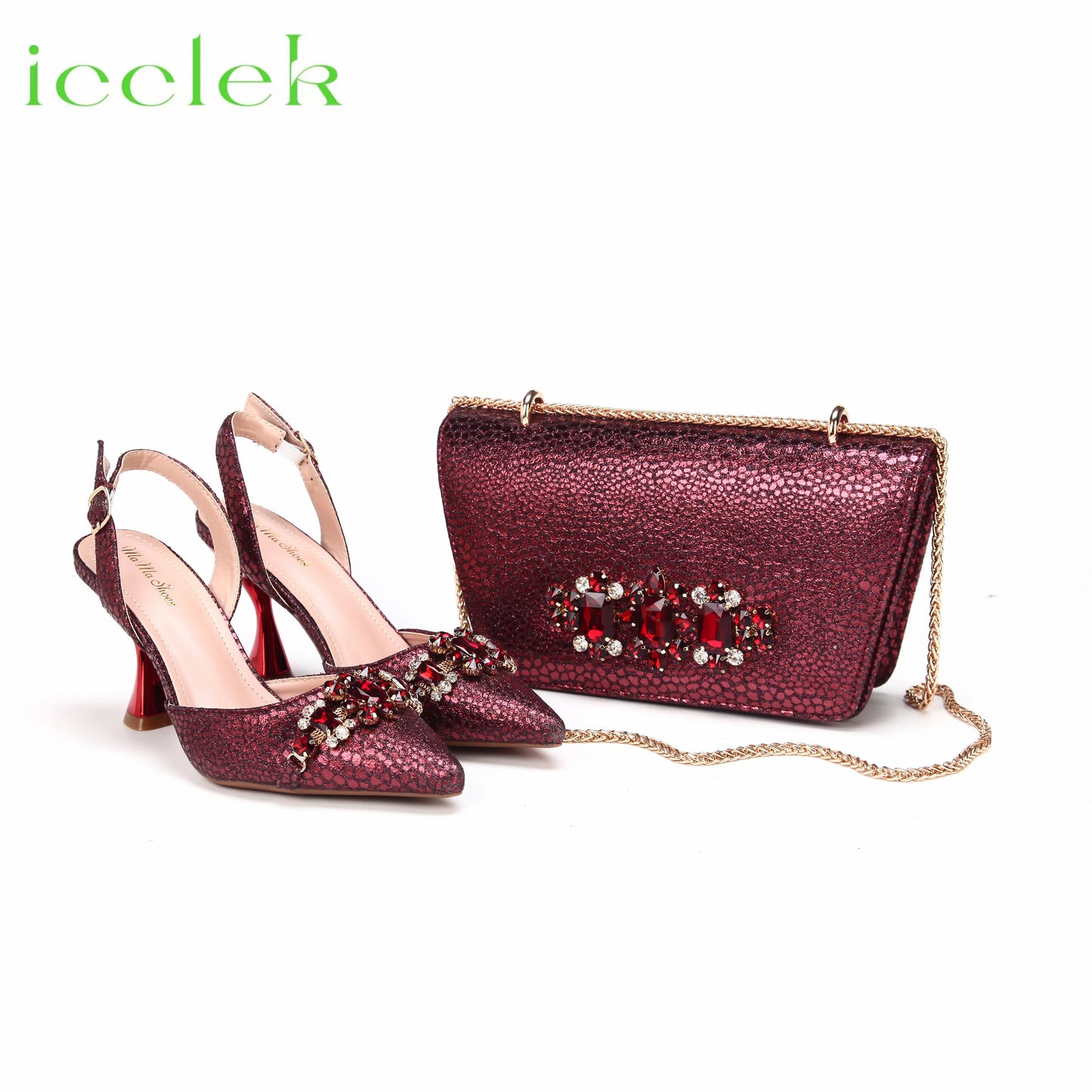 2025 New Elegant Nigerian Women’s Wine Color Heeled Shoes and Rhinestone Handbag Set Italian Design for Parties and Weddings