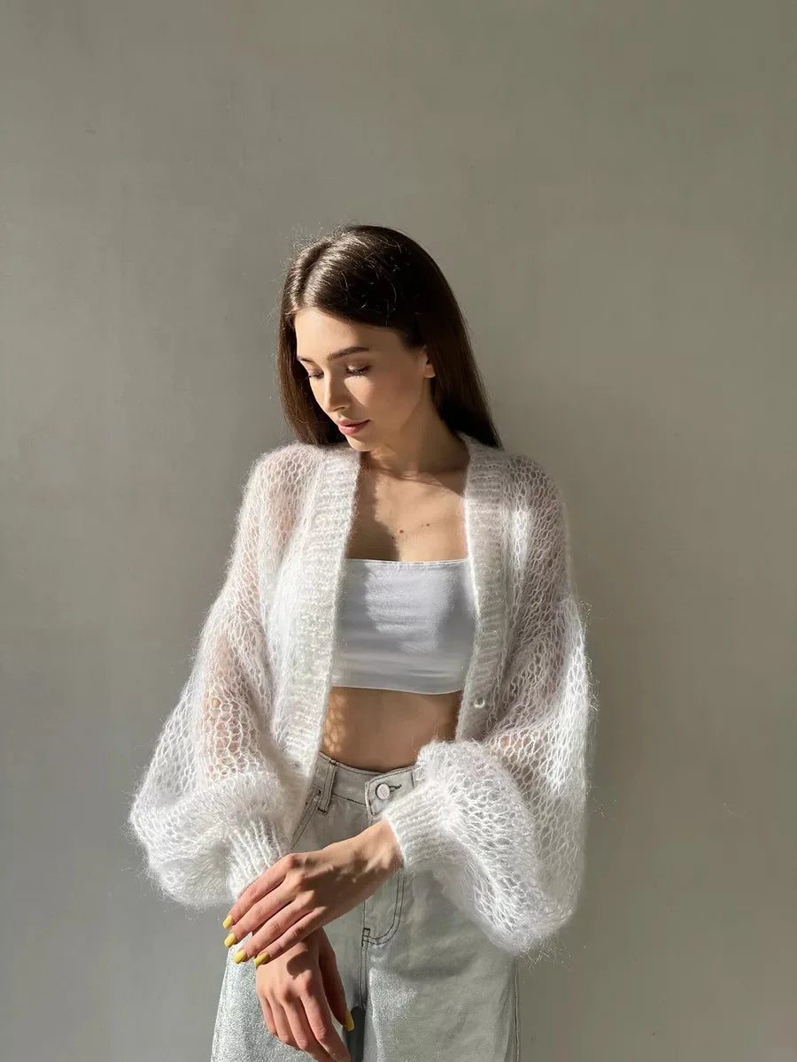 Women Knitting Cardigan 2026 New Women Mohair Knit Cardigan Hollow Out Sheer Long Sleeve Casual Knitted Outerwear Sweater