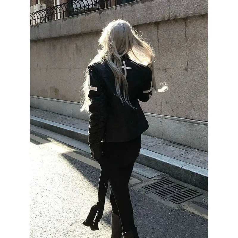 American Vintage Subculture Punk Jacket Long Sleeve Black Coat Slim Gothic Streetwear Casual Outerwear Daily Outfits 2026