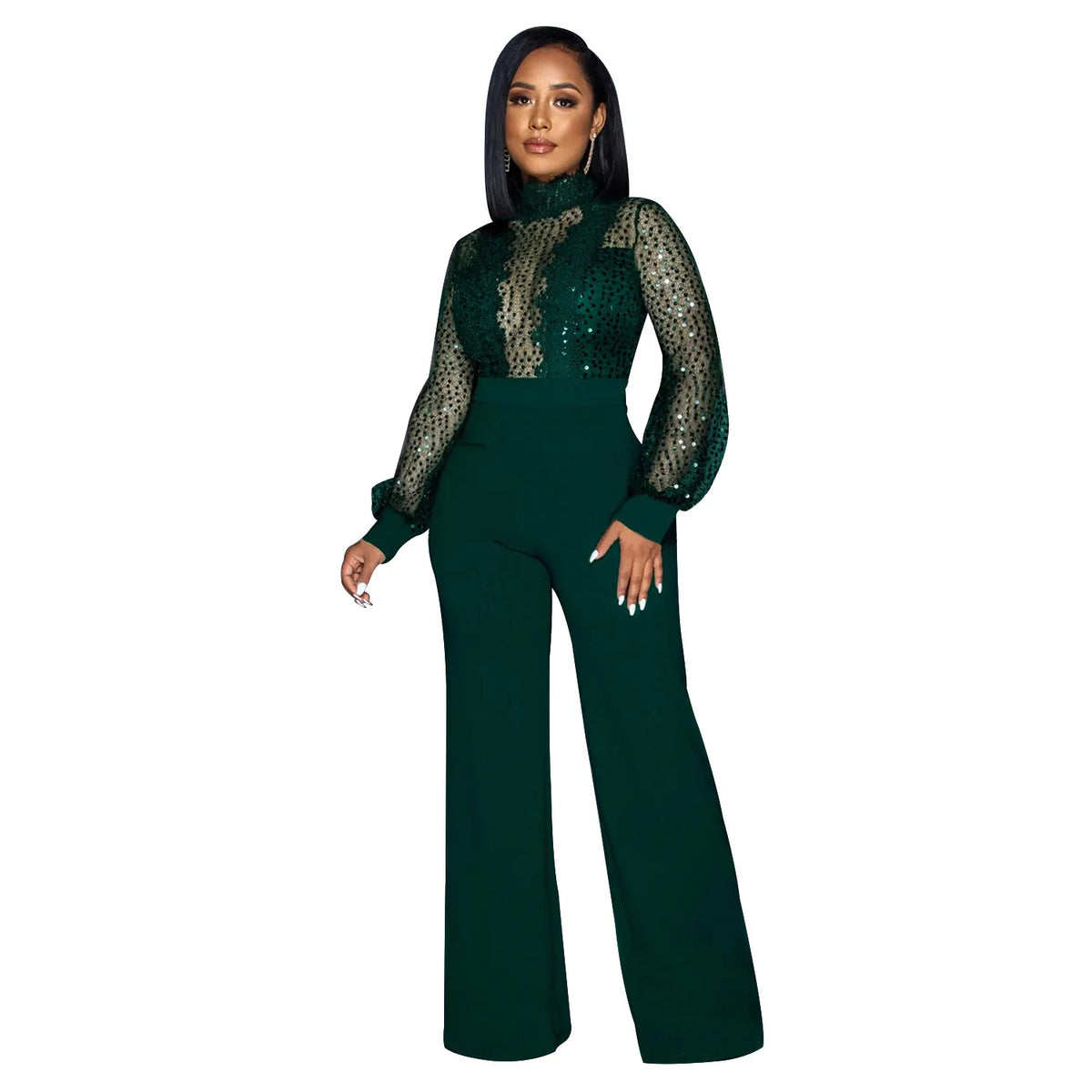 HBLL Women Sequin Lace Jumpsuit Elegant Long Sleeve Wide Leg Pants Sexy See Through Evening Party Outfits Jumpsuits With Belt