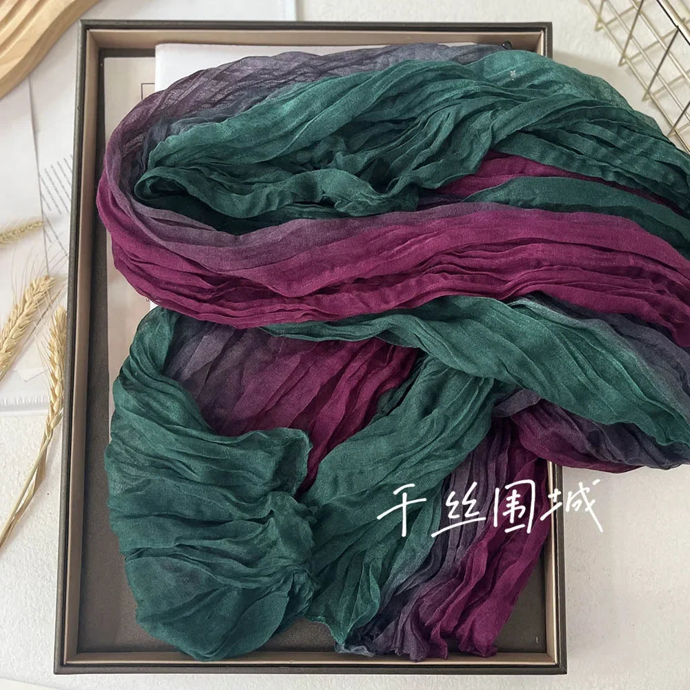 VREOVOR Scarf Cotton Hemp Gradient Blue Autumn Winter Retro Versatile Printed Women's Long Fold Shawl Elegant and Fashionable