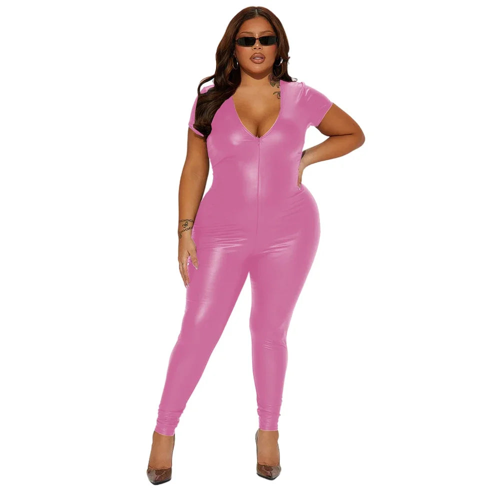 Deep V-neck Women Bodycon Jumpsuits Matte PU Leather Short Sleeve Skinny Zentai Ravely Party Club Stage Performance 8XL
