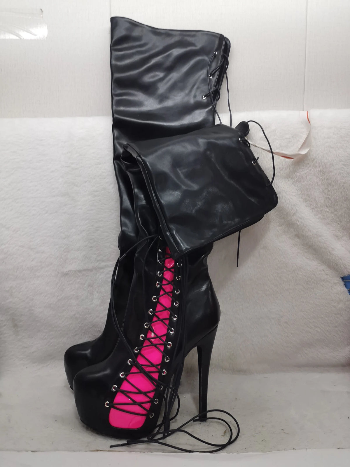 Platform Knee High Stiletto Boots Women Pink Splicing Round Toe Lace-Up Shiny Leather High Heels Boots Female Sexy Slim Boots