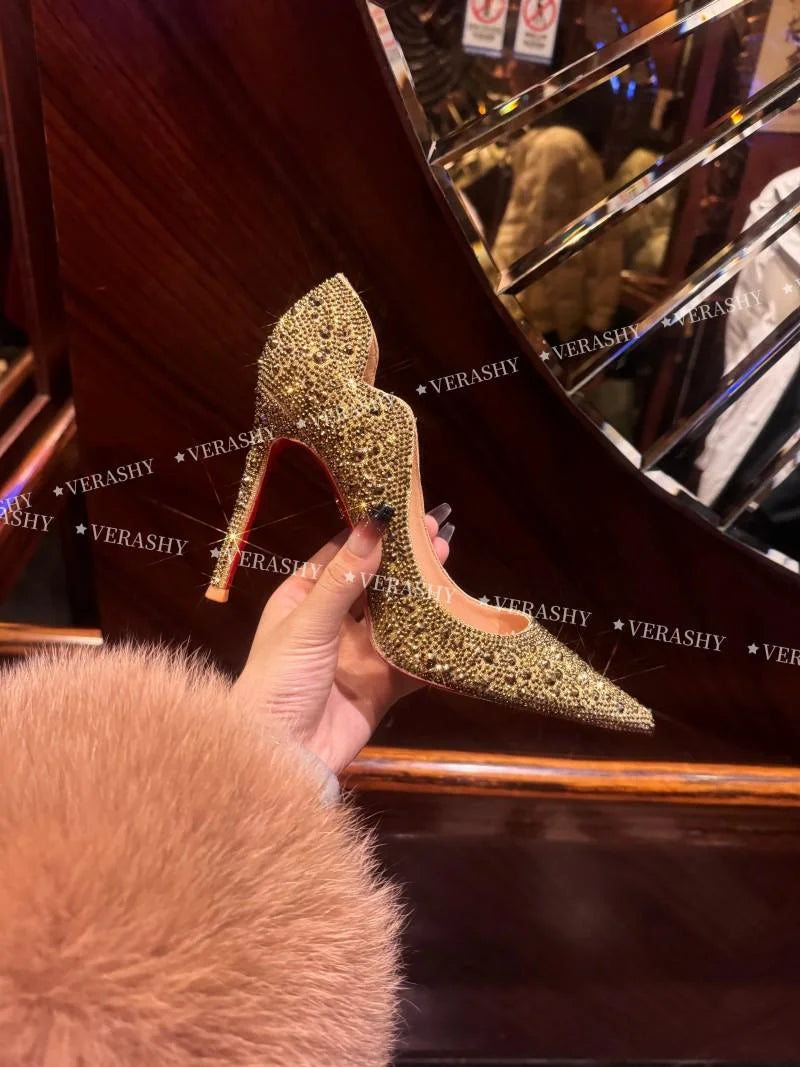 High Heels Women 2025 Spring New gold Sexy Pointy French Thin With Single Shoes Women Crystal Wedding Shoes Women Red Sole Shoe