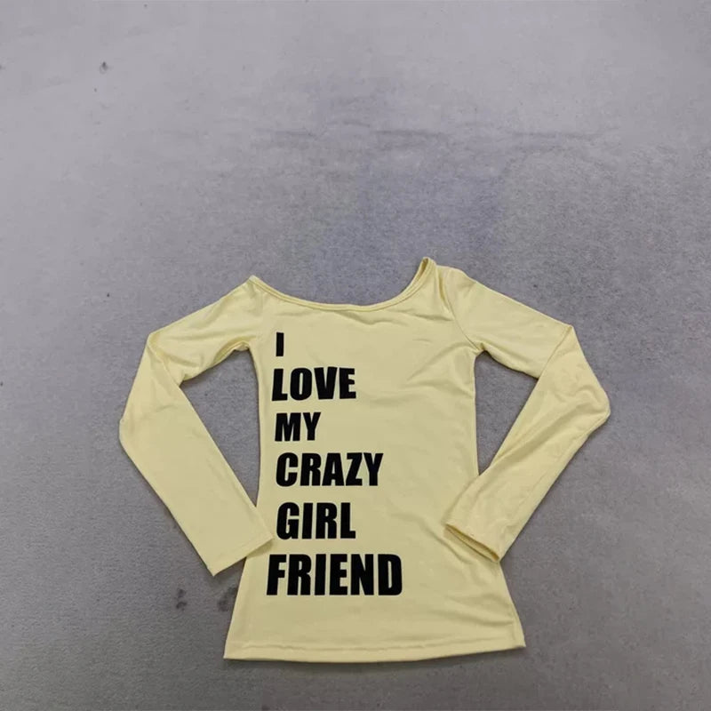 Y2K Women's Long Sleeve T-Shirt American Style Sweet Spicy Letter Print Shoulder Casual Versatile Sexy Spicy Girl INS Style