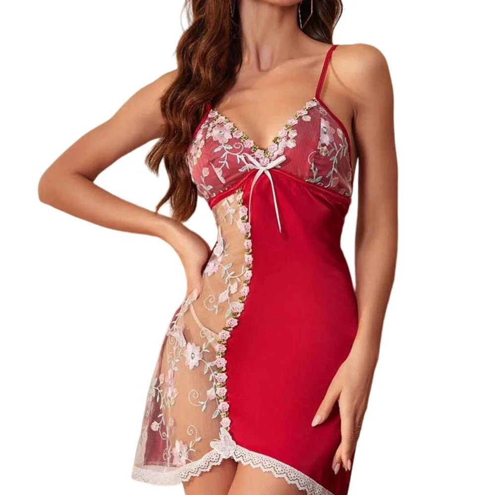 Thin Lace Bow Women's Pajama Dress Embroidered Mesh Transparent Ice Silk Suspender Nightdress Sleeveless Sleepwear