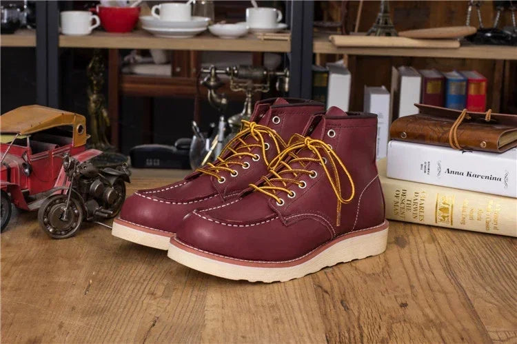 Men's Goodyear-Welted Vintage Genuine Leather Mid-calf Motorcycle Boots Round toe Casual Punk Dress Boots Work Shoes Western Red