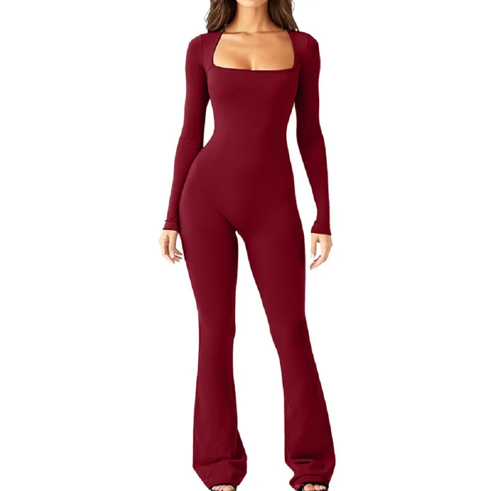 Foreign Trade Women's Long Sleeved Waist Cinching and Waist Lifting Square Collar Wide Leg High Elastic Jumpsuit