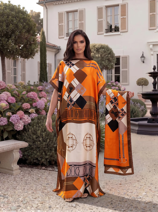 Boho Floral Geometric Print Satin Abaya Scarf Set, Loose Batwing Maxi Kaftan Muslim Women Summer Beach Holiday Wear