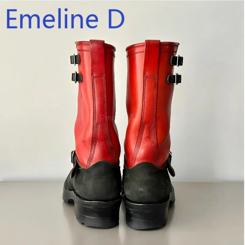 Color Blocked Upturned Western Cowboy Boots Fashionable Leather Splicing Design for Men and Women Square Headed Knight Boots