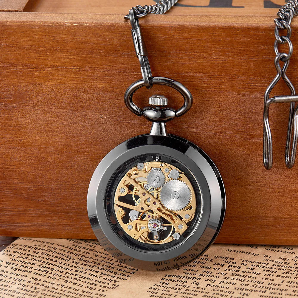 Vintage Transparent Hollow Women Men Skeleton Mechanical Pocket Watch Hand Winding With Waist Belts Chains Gift Watches Clock