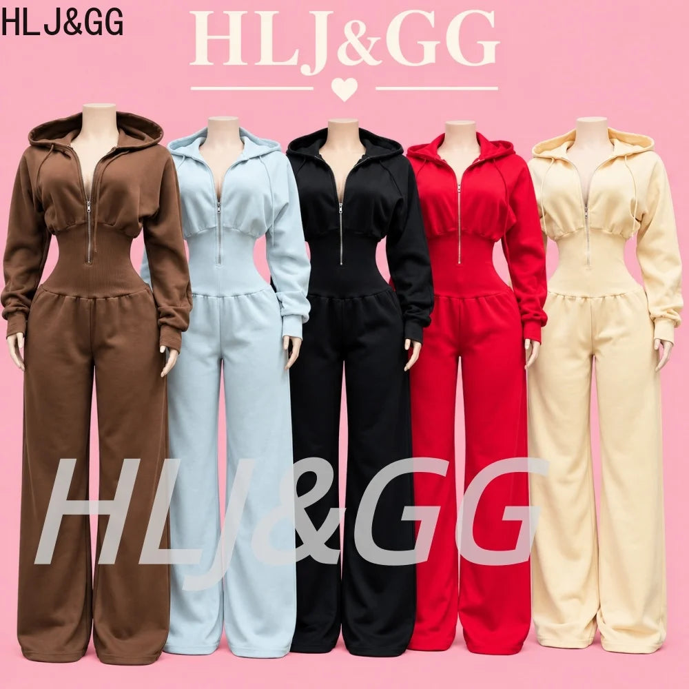 HLJ&GG Autumn Light Fleece Hooded Wine Leg Pants One Piece Jumpsuits Women Zipper Long Sleeve High Waist Sweat Sport Sportswears