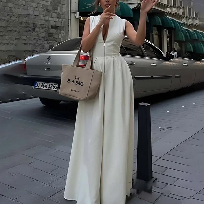 Fashion Sleeveless Jumpsuits Women's Trendy Solid Color V-Neck Zipper Loose Pockets High Waist Wide Leg Pants One Piece Outfits