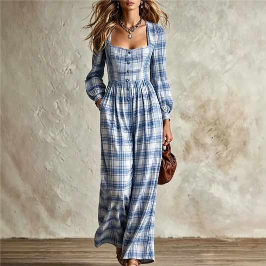 Women's Fashion Square Neck Retro Plaid Long Sleeve Jumpsuit Autumn New Waist Single Breasted Pocket Wide Leg Female Rompers2026