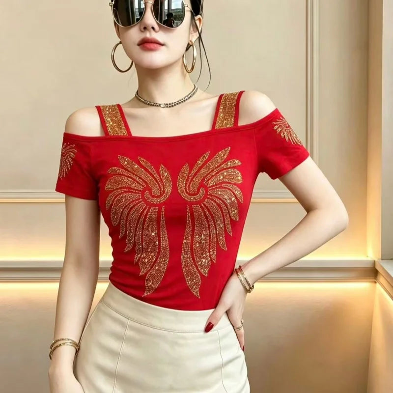 High Quality Elasticity Clothes Fashion T-Shirts Women's Sexy Off Shoulder Shiny Diamonds Mesh Tops Summer Tees Shirt