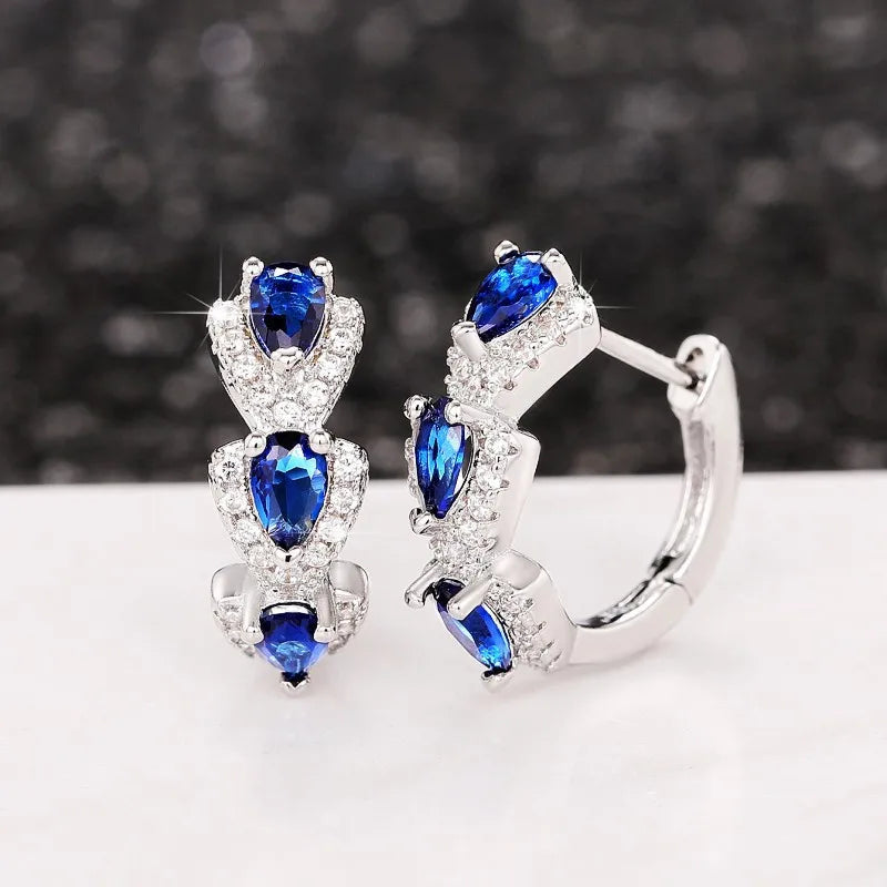 925 Sterling Silver Luxury Trendy Blue Cubic Zirconia Hoop Earrings Wedding Party Elegant Accessories for Women Jewelry Gift
