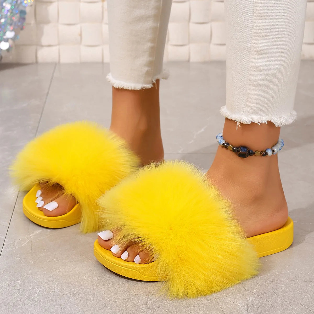 Fashion Fox Fur Slides Women Luxury Designer Summer Sandals Ladies Furry Lazy Slippers Fluffy Flip Flops Shoes Plus Size Shoes