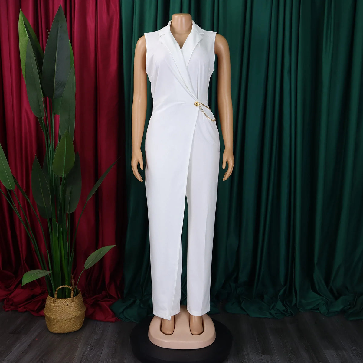 CM.YAYA Women Wide Leg V-Neck Sleeveless Jumpsuits Waist Chain 2024 Summer OL Beach Night Club Playsuit One Piece Suit Romper