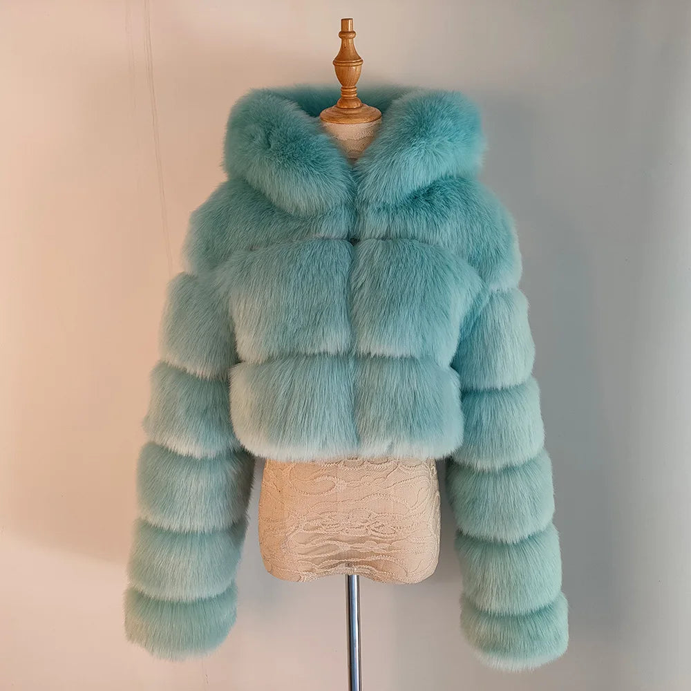 2026 Women Winter Plus Size Faux Fur Croped Coat Female Furry Hooded Long Sleeve Plush Jacket Lady Fake Fur Warm Fluffy Cardigan